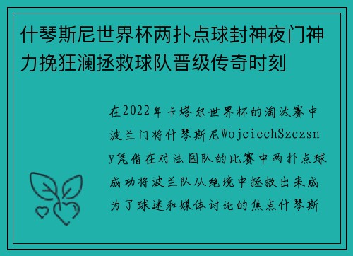 什琴斯尼世界杯两扑点球封神夜门神力挽狂澜拯救球队晋级传奇时刻