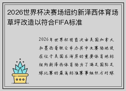 2026世界杯决赛场纽约新泽西体育场草坪改造以符合FIFA标准