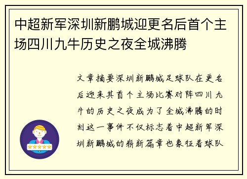 中超新军深圳新鹏城迎更名后首个主场四川九牛历史之夜全城沸腾 中超新军深圳新鹏城迎更名后首个主场四川九牛历史之夜全城沸腾