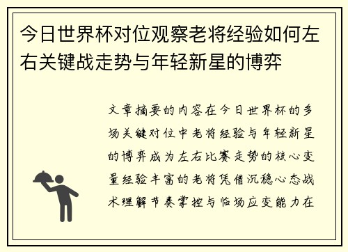 今日世界杯对位观察老将经验如何左右关键战走势与年轻新星的博弈
